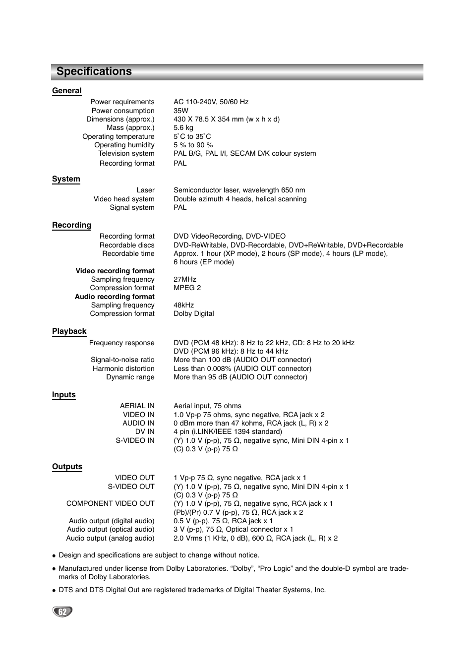 Specifications | NEC NDRV-60 User Manual | Page 62 / 64