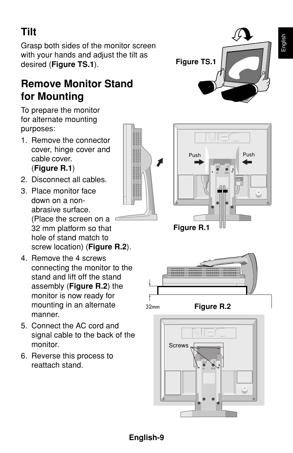 Tilt, Remove monitor stand for mounting | NEC LCD1530V User Manual | Page 10 / 23