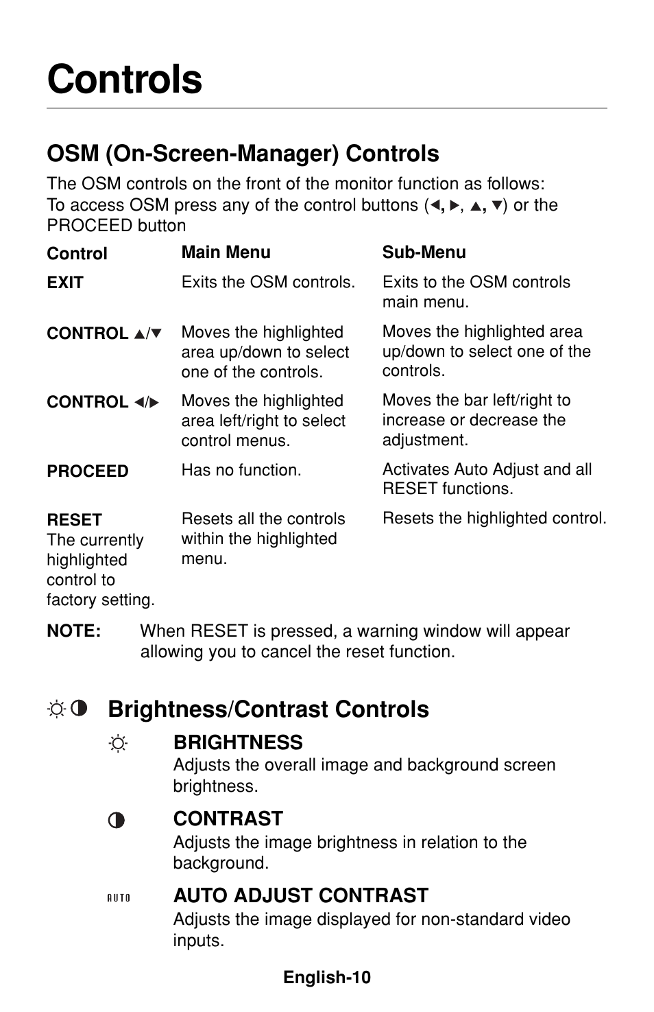 Controls, Osm (on-screen-manager) controls, Brightness/contrast controls | NEC LCD1530V User Manual | Page 11 / 23