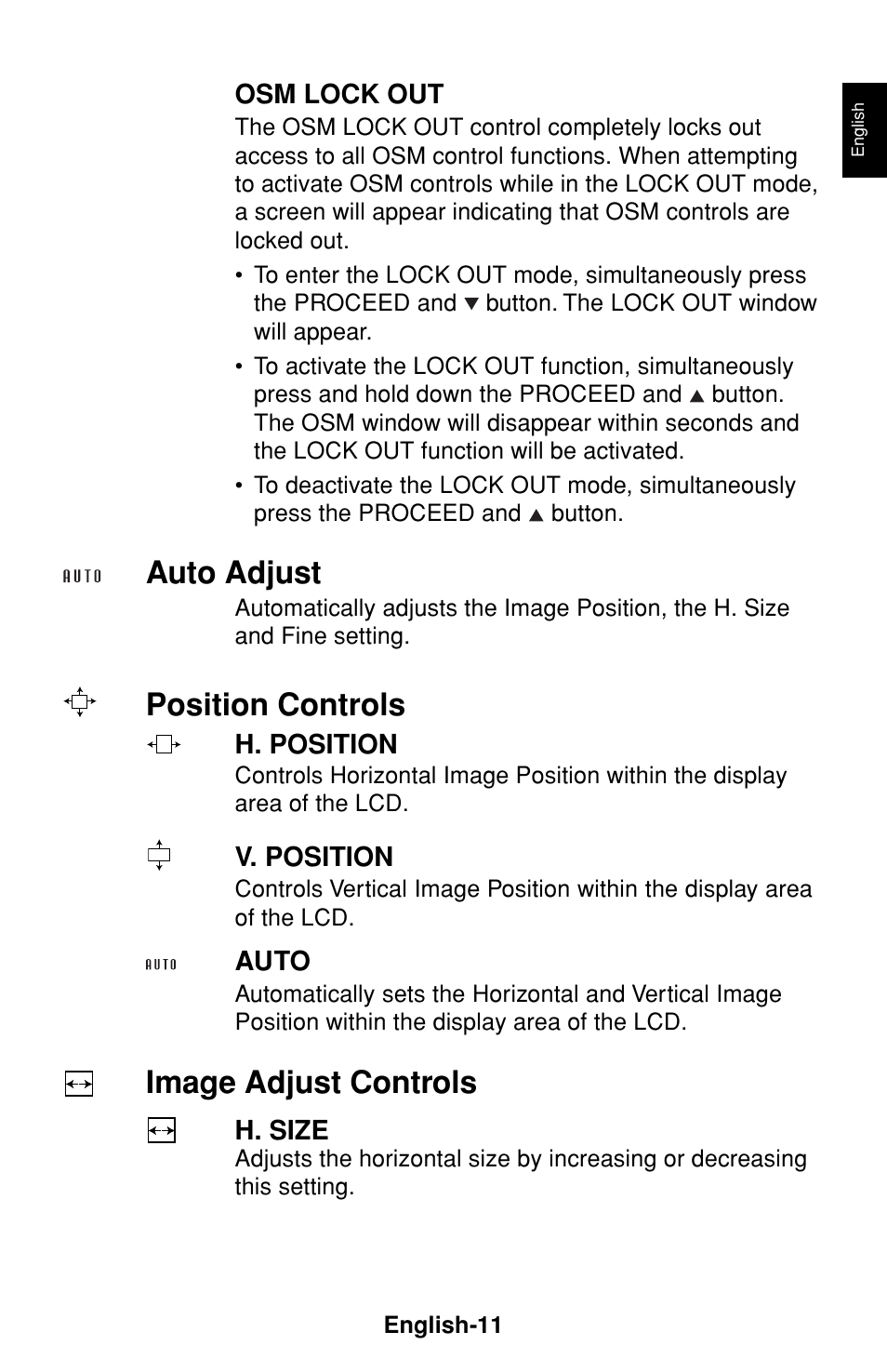 Auto adjust, Position controls, Image adjust controls | NEC LCD1530V User Manual | Page 12 / 23