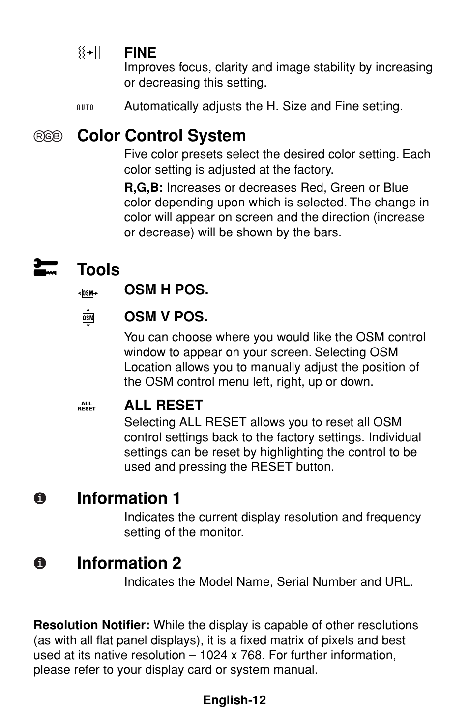 Color control system, Tools, Information 1 | Information 2 | NEC LCD1530V User Manual | Page 13 / 23