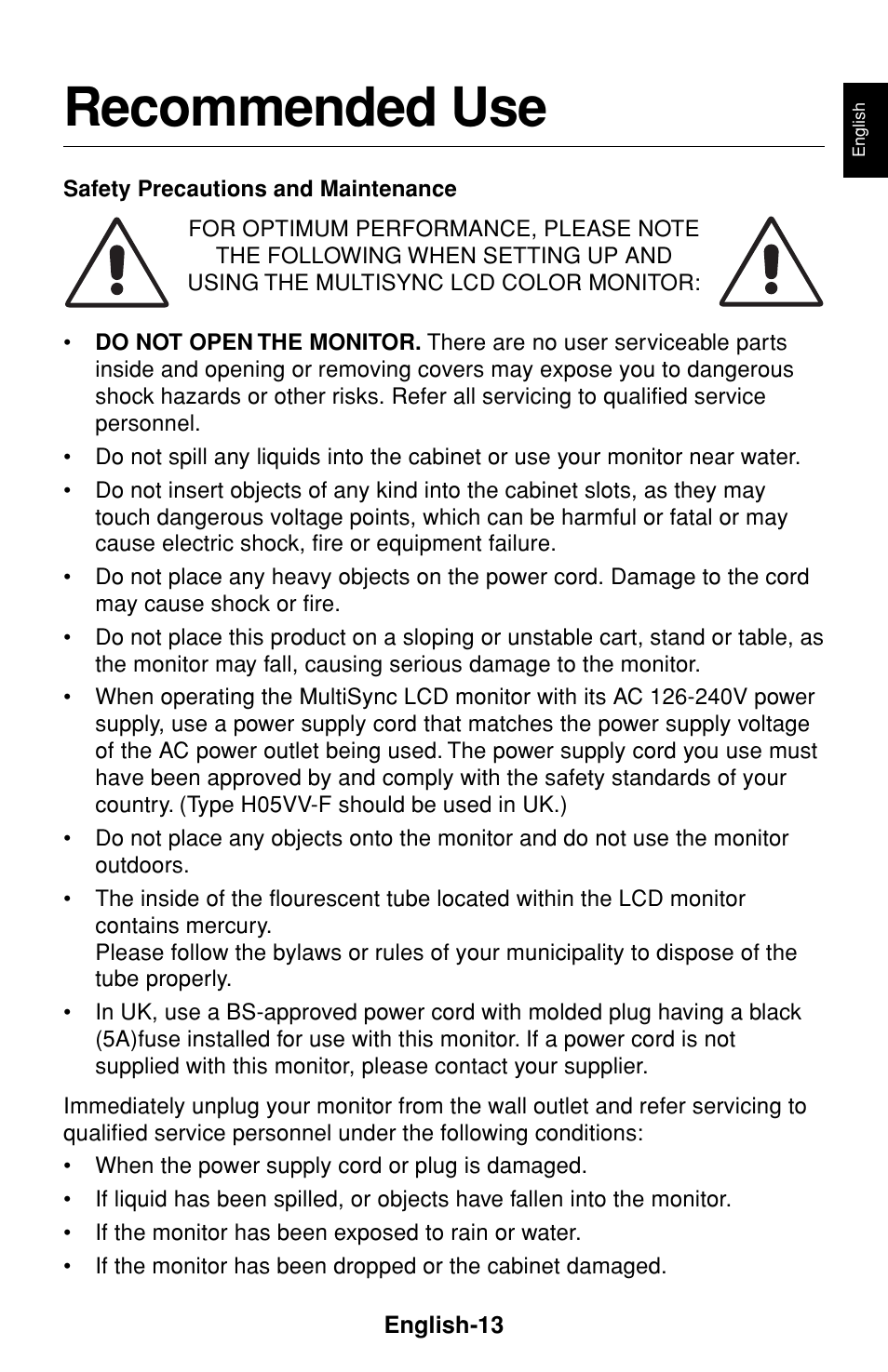 Recommended use | NEC LCD1530V User Manual | Page 14 / 23