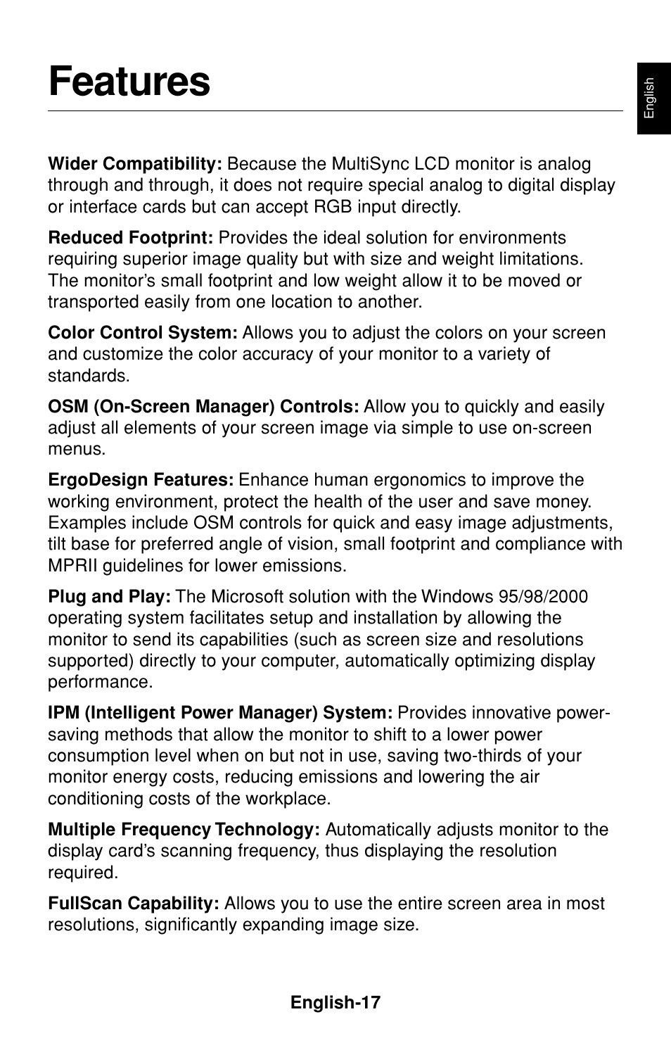 Features | NEC LCD1530V User Manual | Page 18 / 23