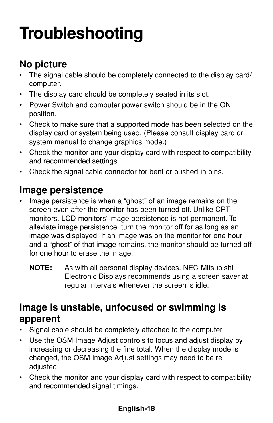 Troubleshooting, No picture, Image persistence | NEC LCD1530V User Manual | Page 19 / 23