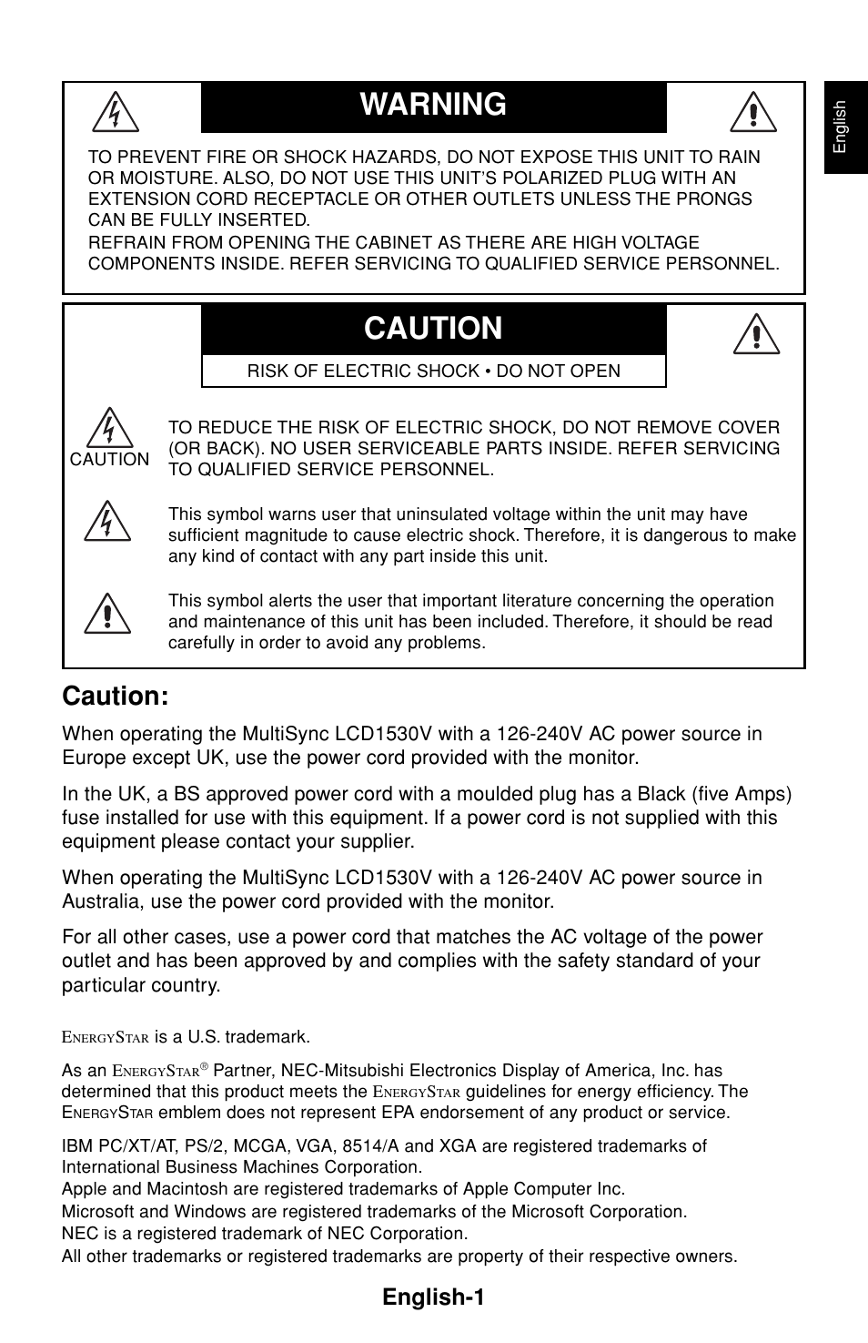 Caution warning, Caution, English-1 | NEC LCD1530V User Manual | Page 2 / 23