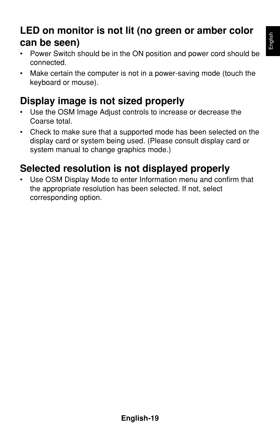 Display image is not sized properly, Selected resolution is not displayed properly | NEC LCD1530V User Manual | Page 20 / 23