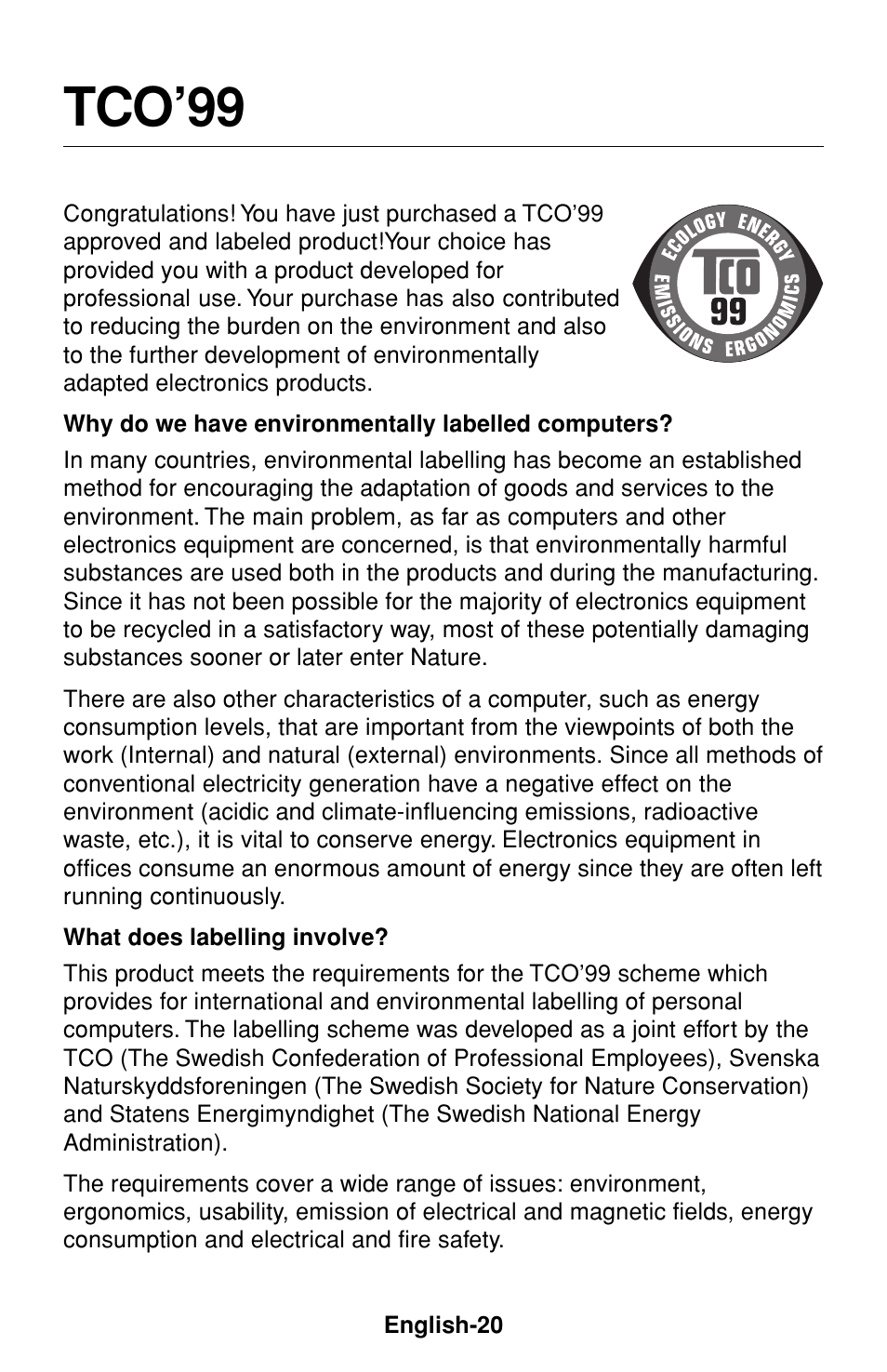 Tco’99 | NEC LCD1530V User Manual | Page 21 / 23