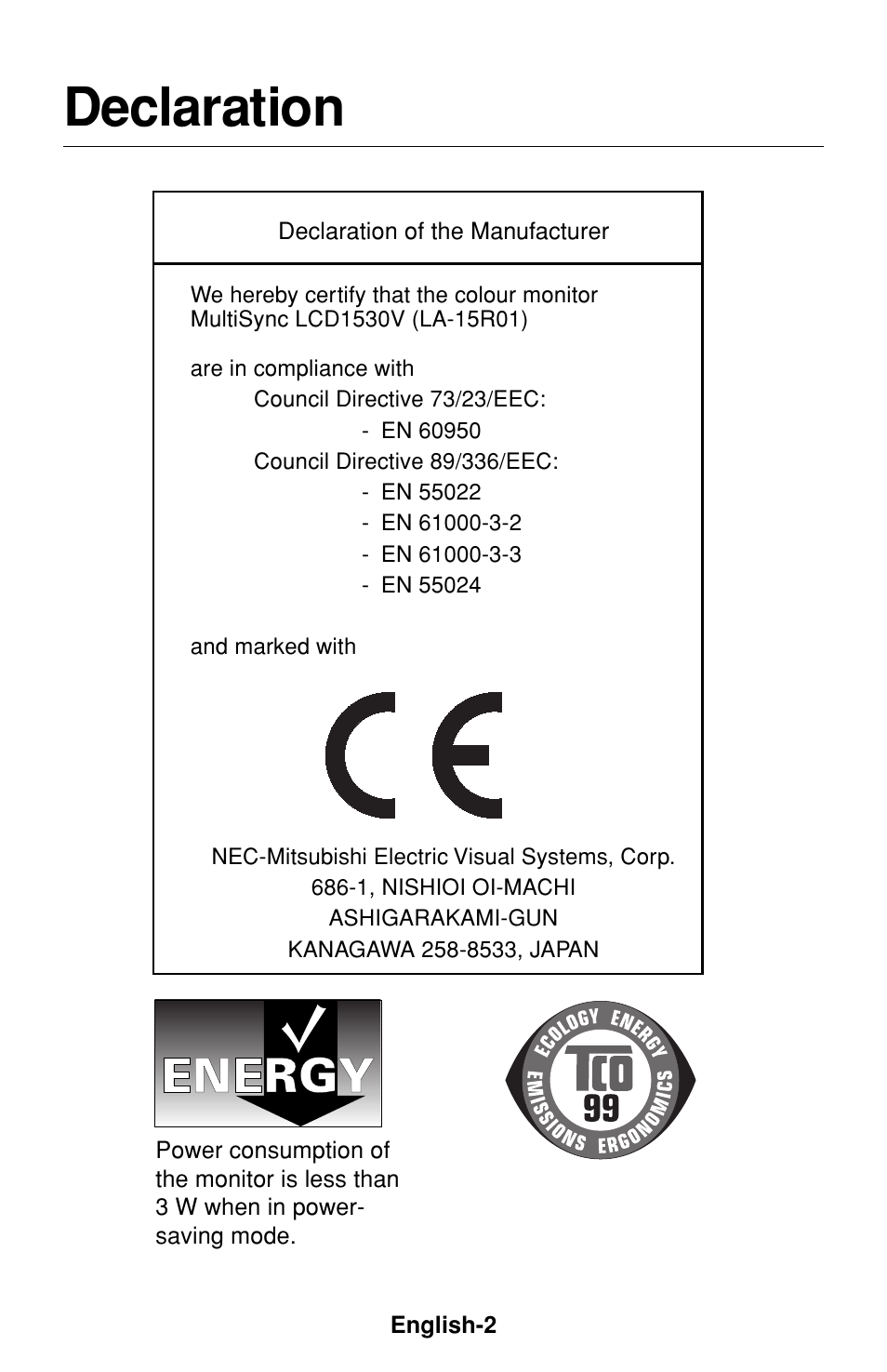 Declaration | NEC LCD1530V User Manual | Page 3 / 23