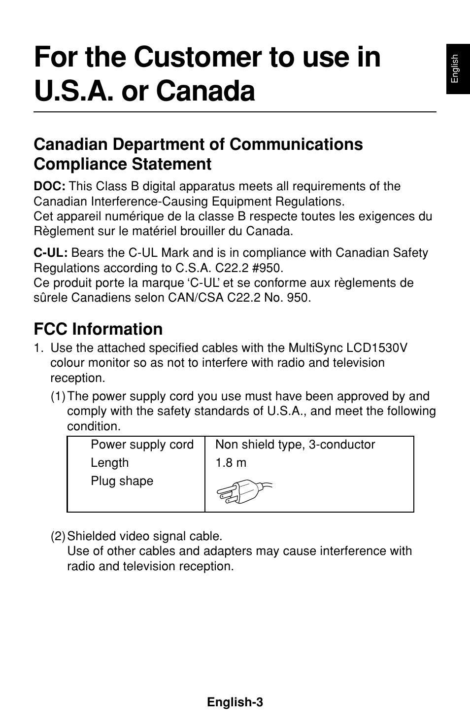 For the customer to use in u.s.a. or canada, Fcc information | NEC LCD1530V User Manual | Page 4 / 23