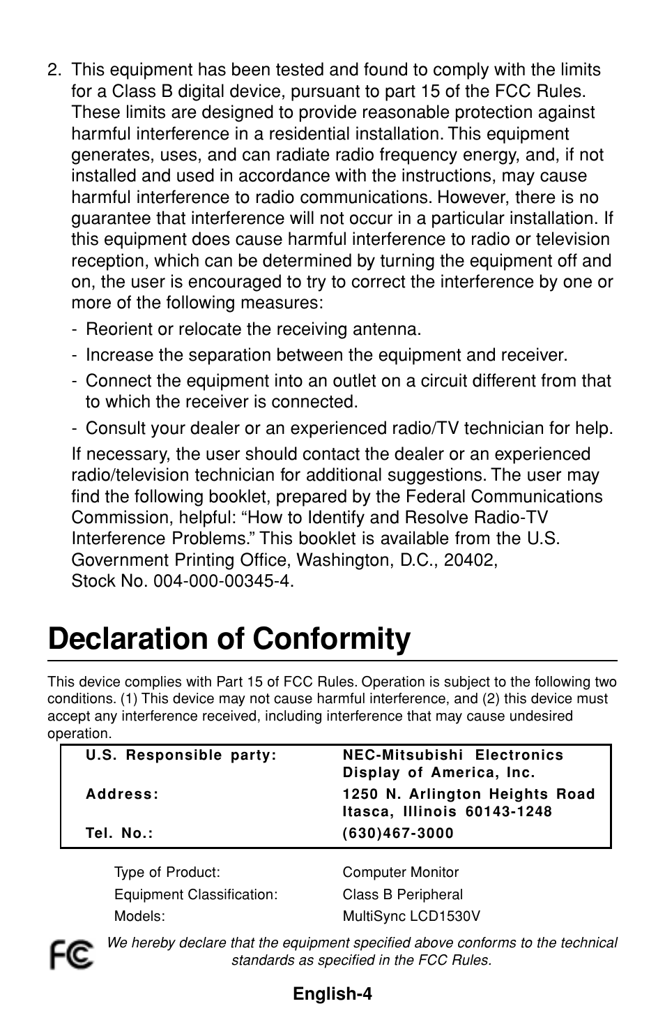 Declaration of conformity | NEC LCD1530V User Manual | Page 5 / 23