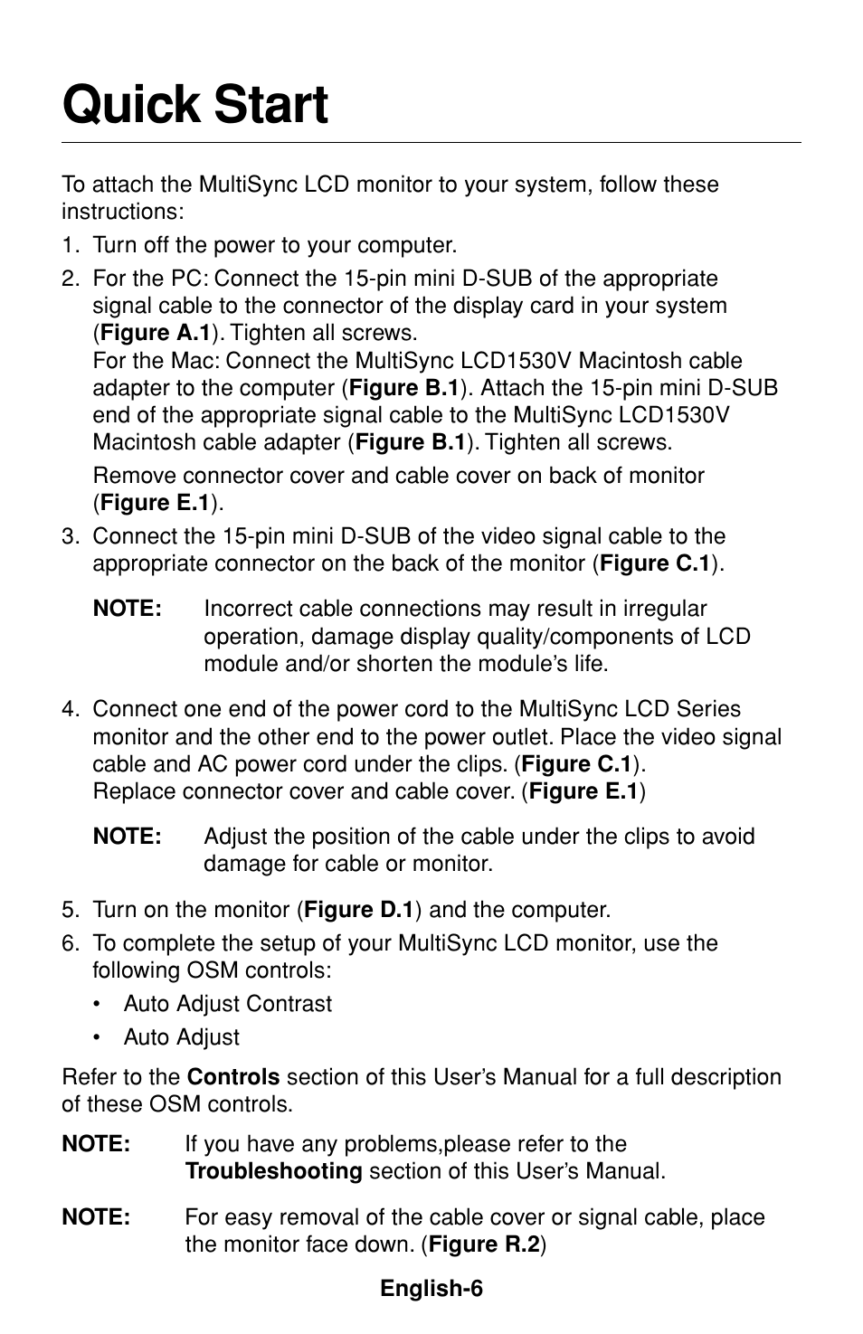 Quick start | NEC LCD1530V User Manual | Page 7 / 23