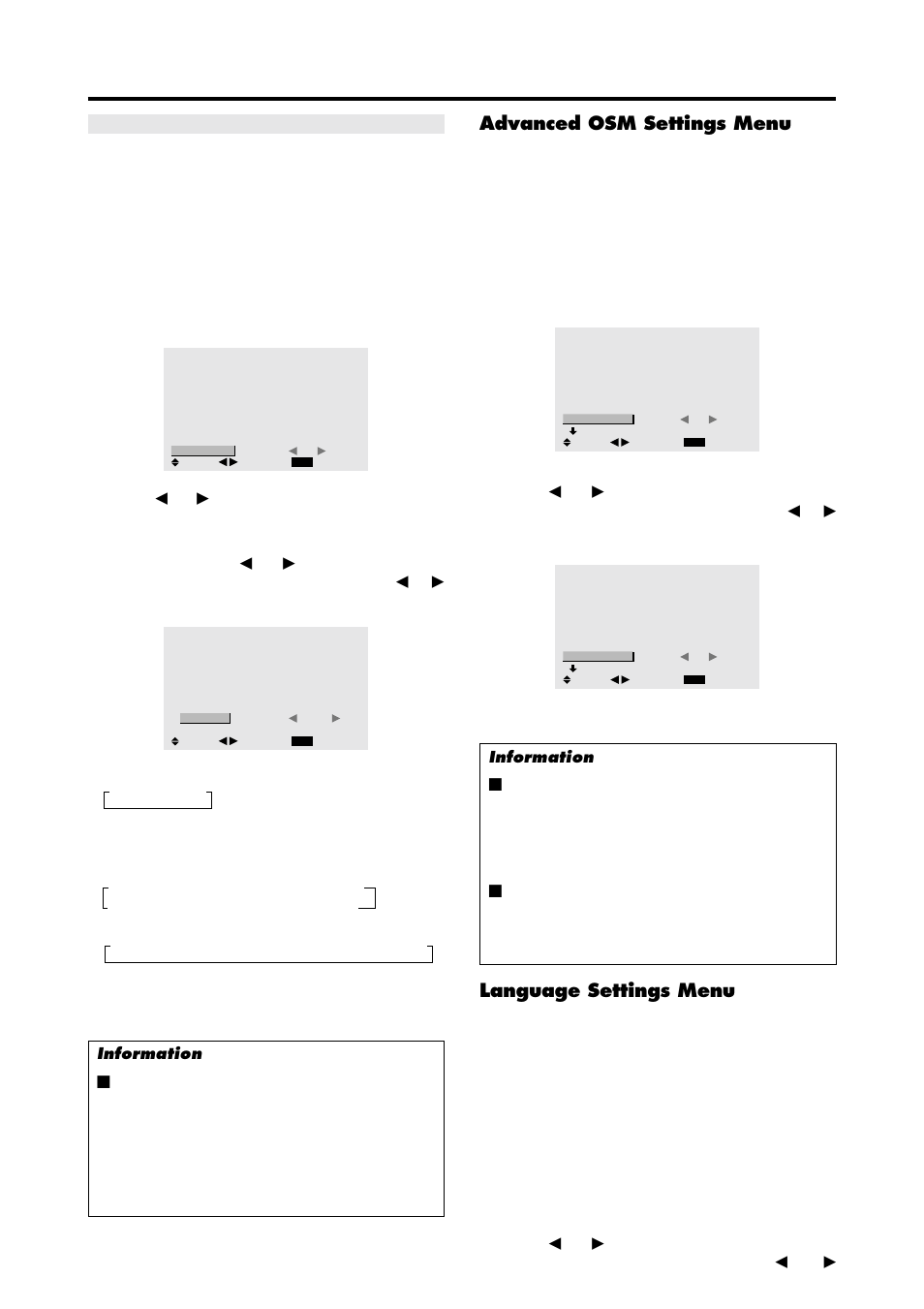 Advanced osm settings menu, Language settings menu, Use the | Button is pressed, Divider, Work time, Buttons are pressed | NEC PX-42VP4D User Manual | Page 45 / 56