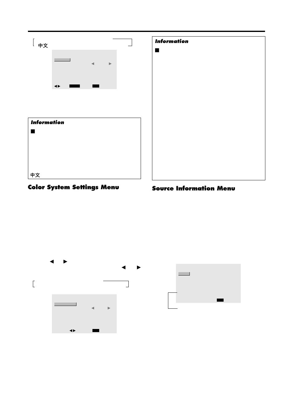 Color system settings menu, Source information menu | NEC PX-42VP4D User Manual | Page 46 / 56