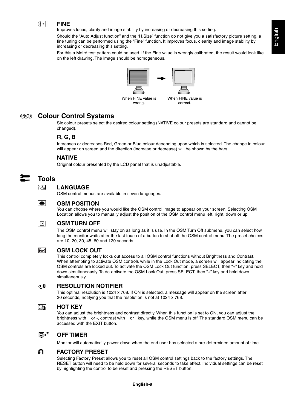 Colour control systems, Tools | NEC LCD1560NX User Manual | Page 10 / 16