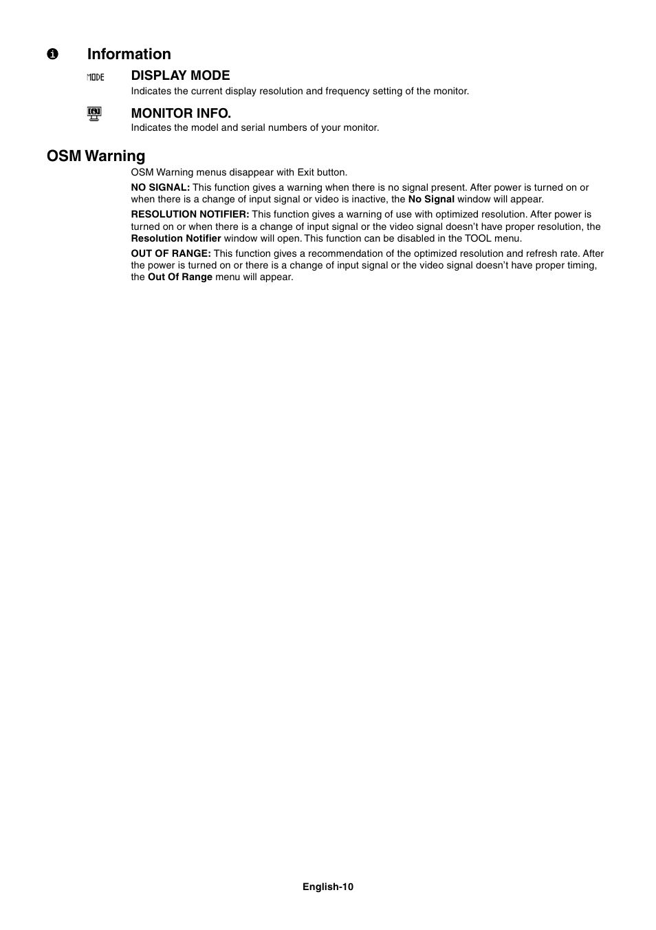 Information, Osm warning | NEC LCD1560NX User Manual | Page 11 / 16