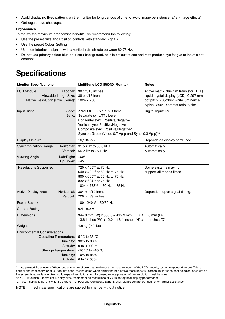 Specifications | NEC LCD1560NX User Manual | Page 13 / 16