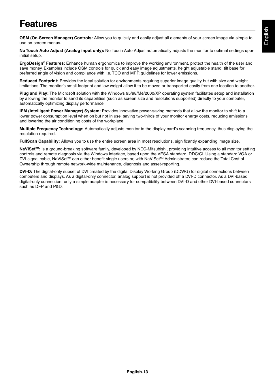 Features, English | NEC LCD1560NX User Manual | Page 14 / 16