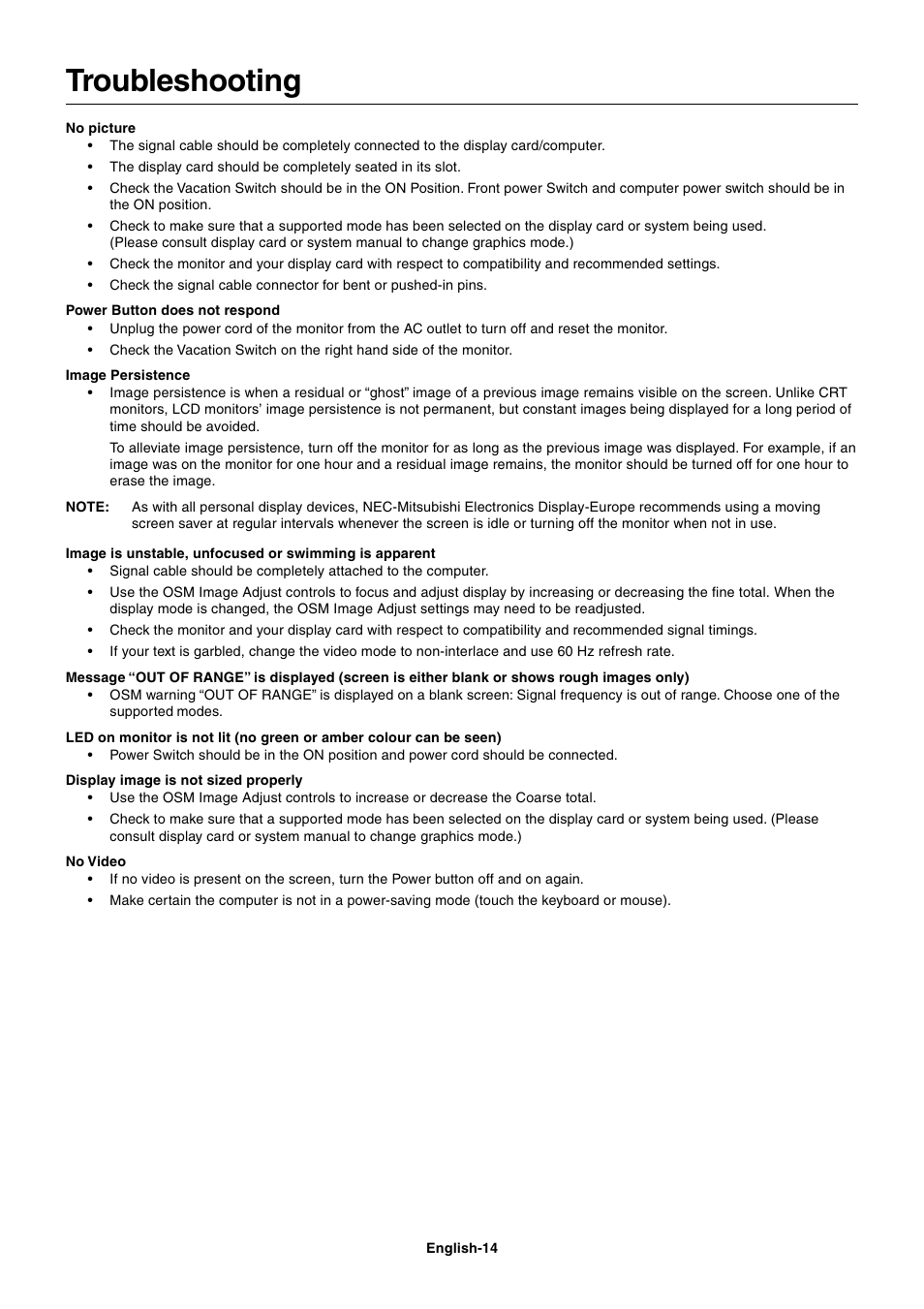 Troubleshooting | NEC LCD1560NX User Manual | Page 15 / 16