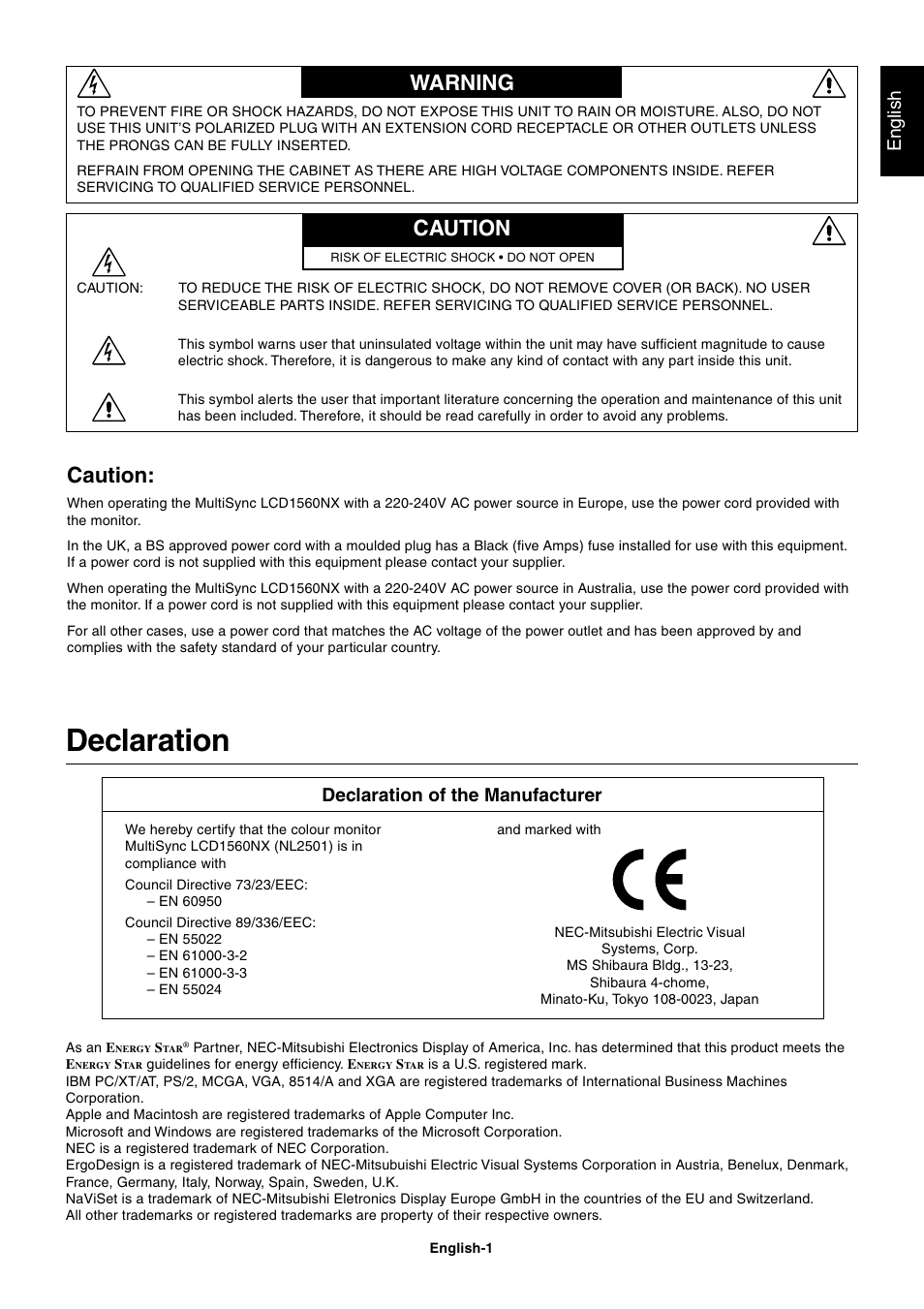 Warning, Caution, Declaration | Warning caution, English, Declaration of the manufacturer | NEC LCD1560NX User Manual | Page 2 / 16