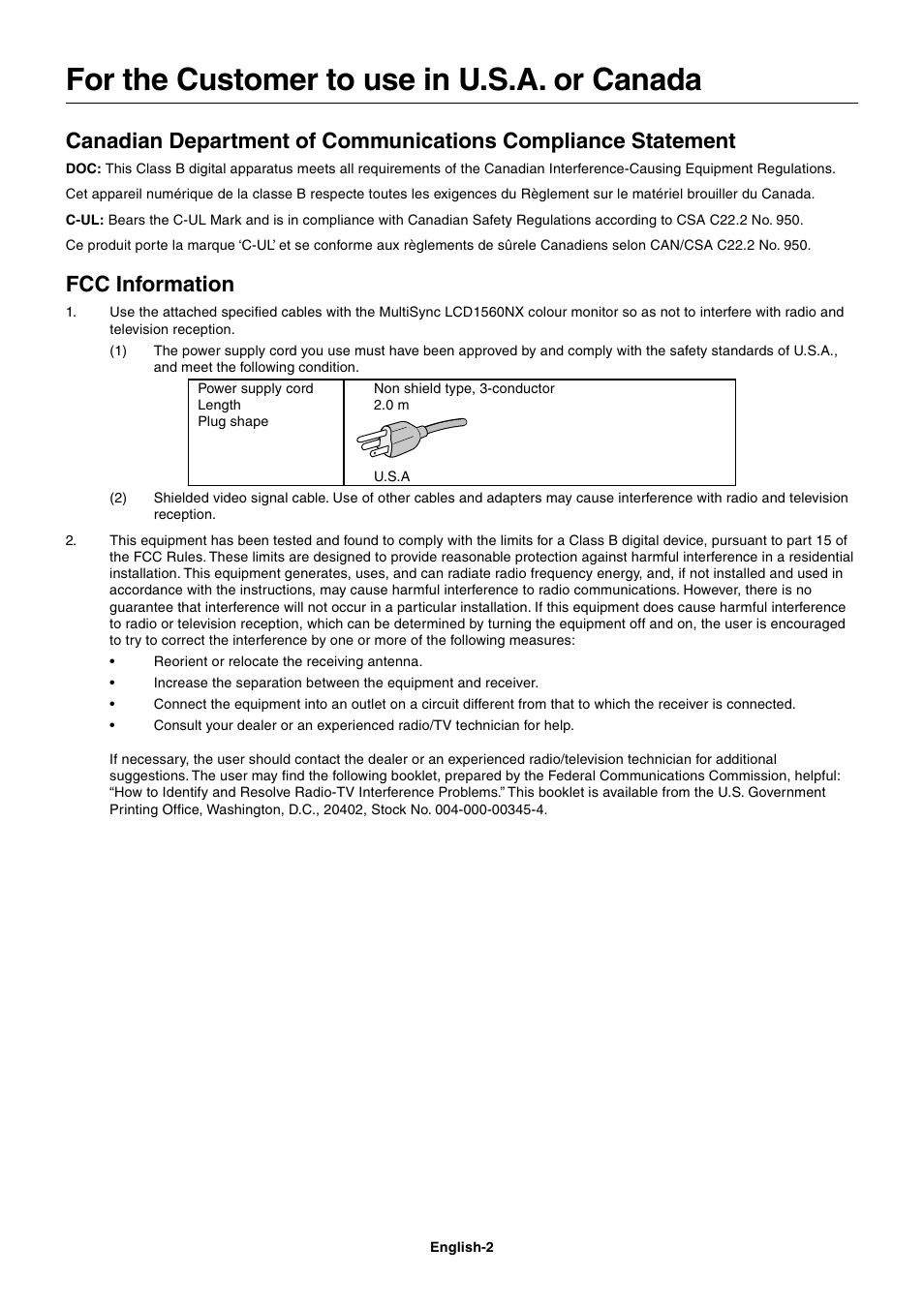 For the customer to use in u.s.a. or canada, Fcc information | NEC LCD1560NX User Manual | Page 3 / 16