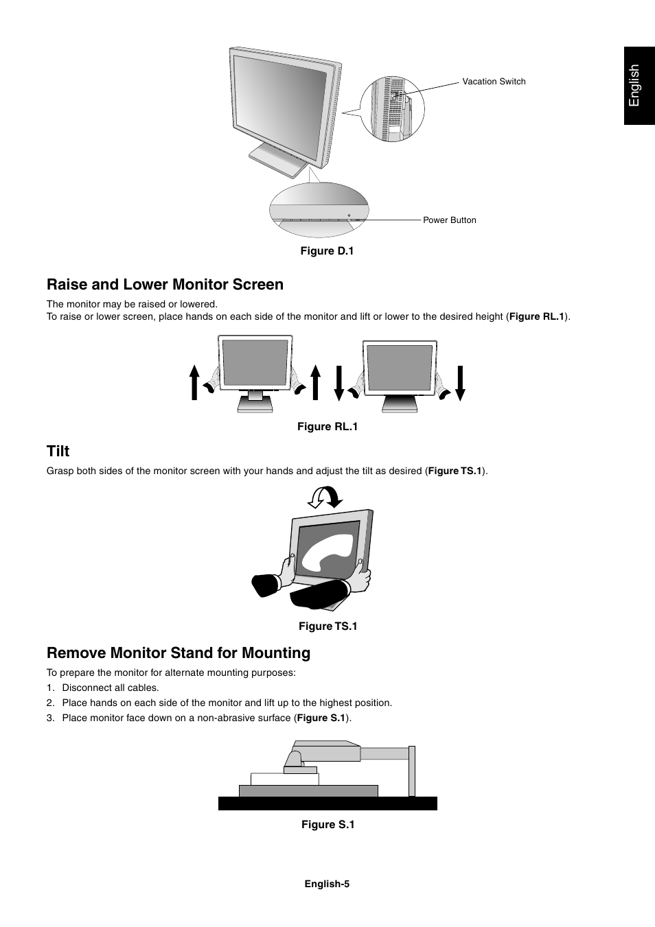 Raise and lower monitor screen, Tilt, Remove monitor stand for mounting | NEC LCD1560NX User Manual | Page 6 / 16