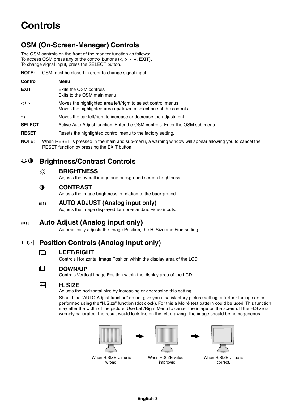 Controls, Osm (on-screen-manager) controls, Brightness/contrast controls | Auto adjust (analog input only), Position controls (analog input only) | NEC LCD1560NX User Manual | Page 9 / 16