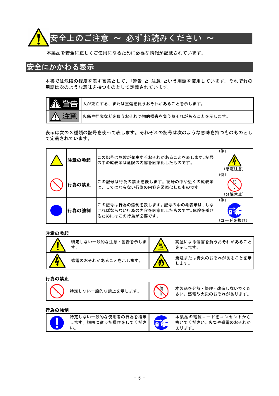 安全上のご注意 ～ 必ずお読みください, 安全にかかわる表示 | NEC SIGMABLADE N8406-020 User Manual | Page 6 / 147