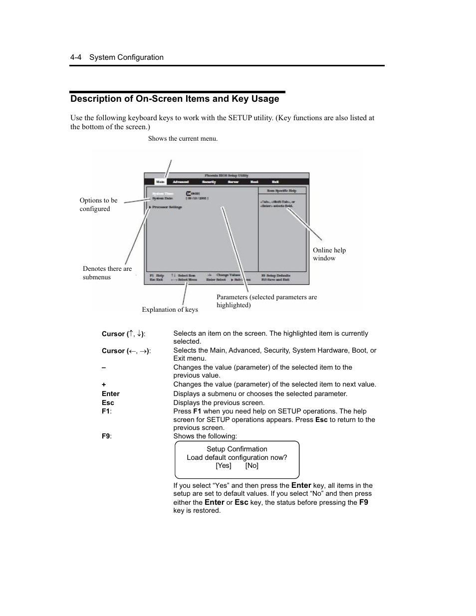 Description of on-screen items and key usage | NEC Express5800 Series EXP320B User Manual | Page 102 / 358