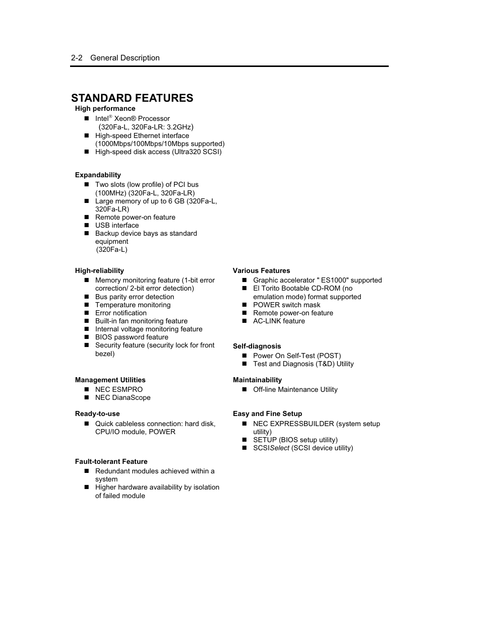 Standard features | NEC Express5800 Series EXP320B User Manual | Page 46 / 358