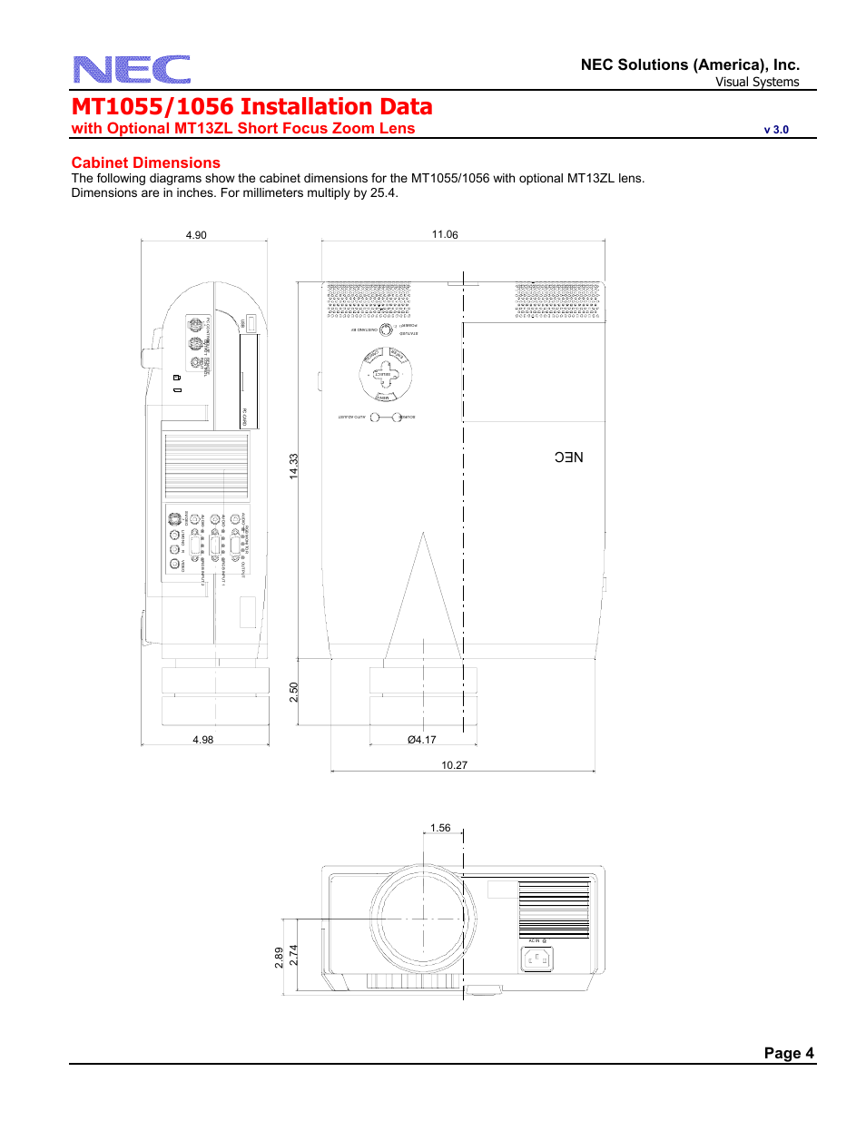 Cabinet dimensions, Nec solutions (america), inc, With optional mt13zl short focus zoom lens | Page 4, Ne c, Visual systems, V 3.0 | NEC MT1055 User Manual | Page 4 / 7
