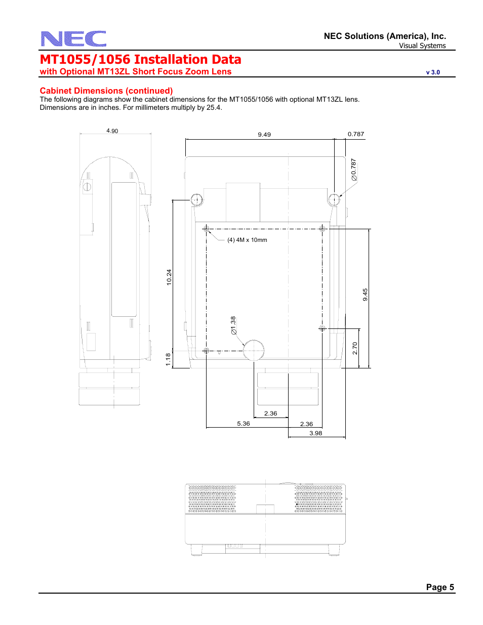 Cabinet dimensions (continued), Nec solutions (america), inc, With optional mt13zl short focus zoom lens | Page 5 | NEC MT1055 User Manual | Page 5 / 7