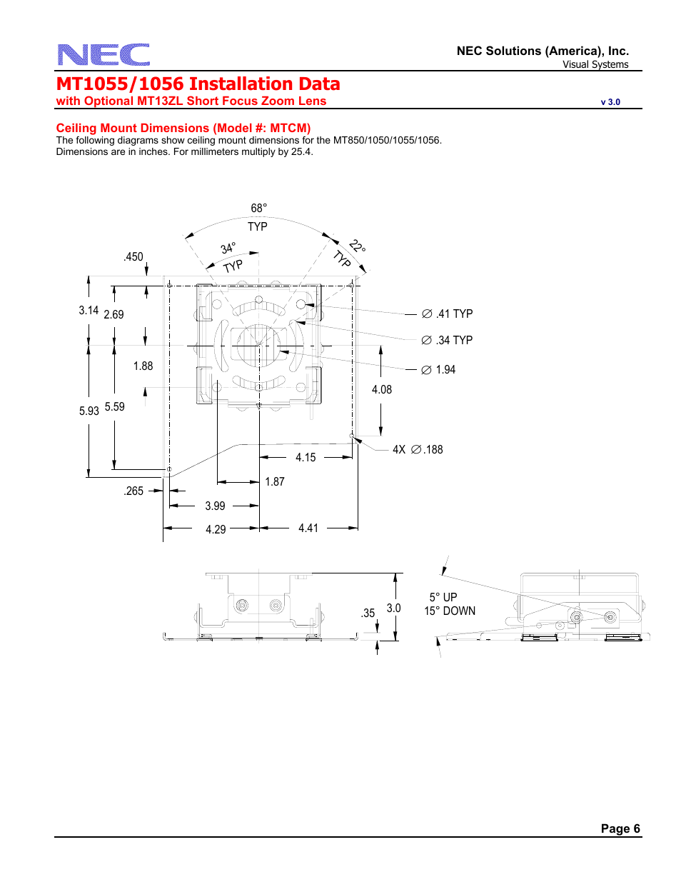 Ceiling mount dimensions (model #: mtcm) | NEC MT1055 User Manual | Page 6 / 7