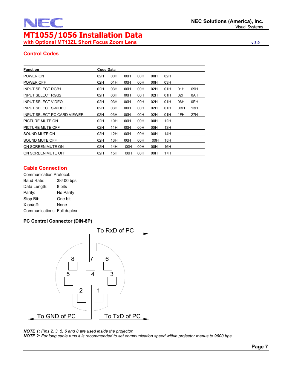 Control codes, Function code data, Power on 02h00h00h 00h 00h 02h | Nec solutions (america), inc, With optional mt13zl short focus zoom lens, Page 7, Cable connection | NEC MT1055 User Manual | Page 7 / 7