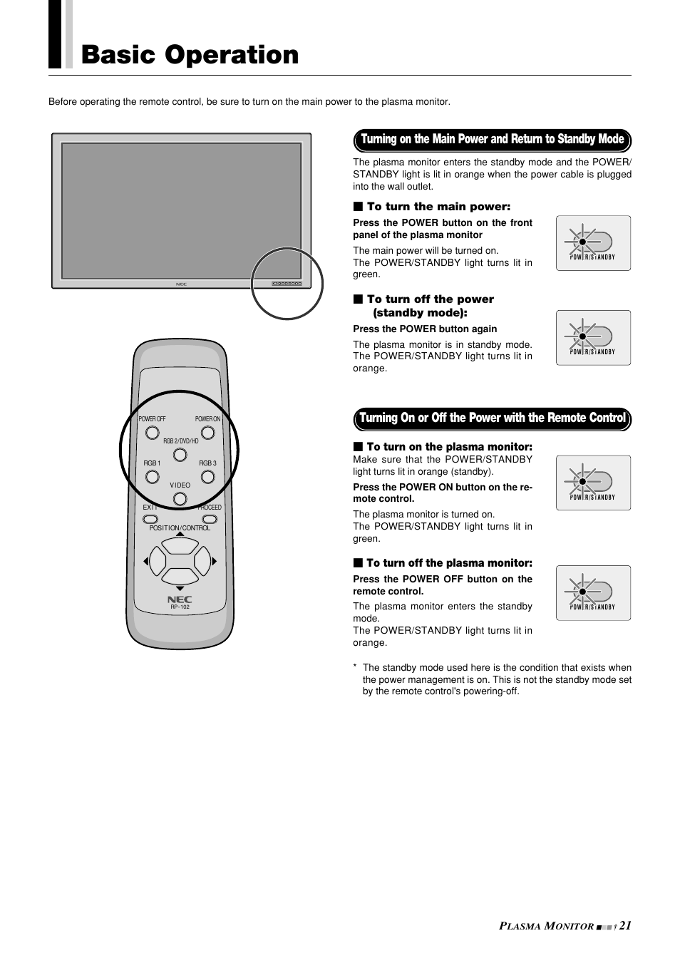 Basic operation | NEC PlasmaSync 42PD3 User Manual | Page 21 / 70