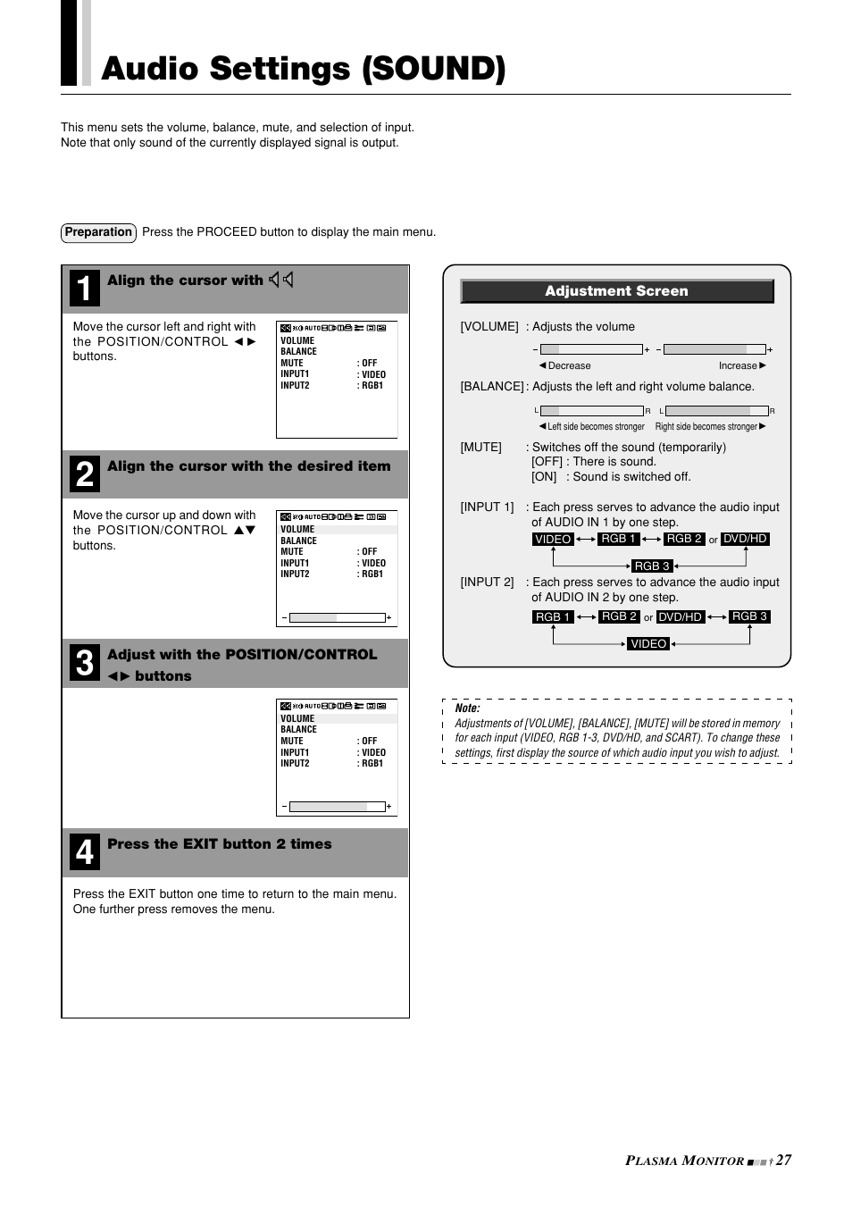 Audio settings (sound) | NEC PlasmaSync 42PD3 User Manual | Page 27 / 70