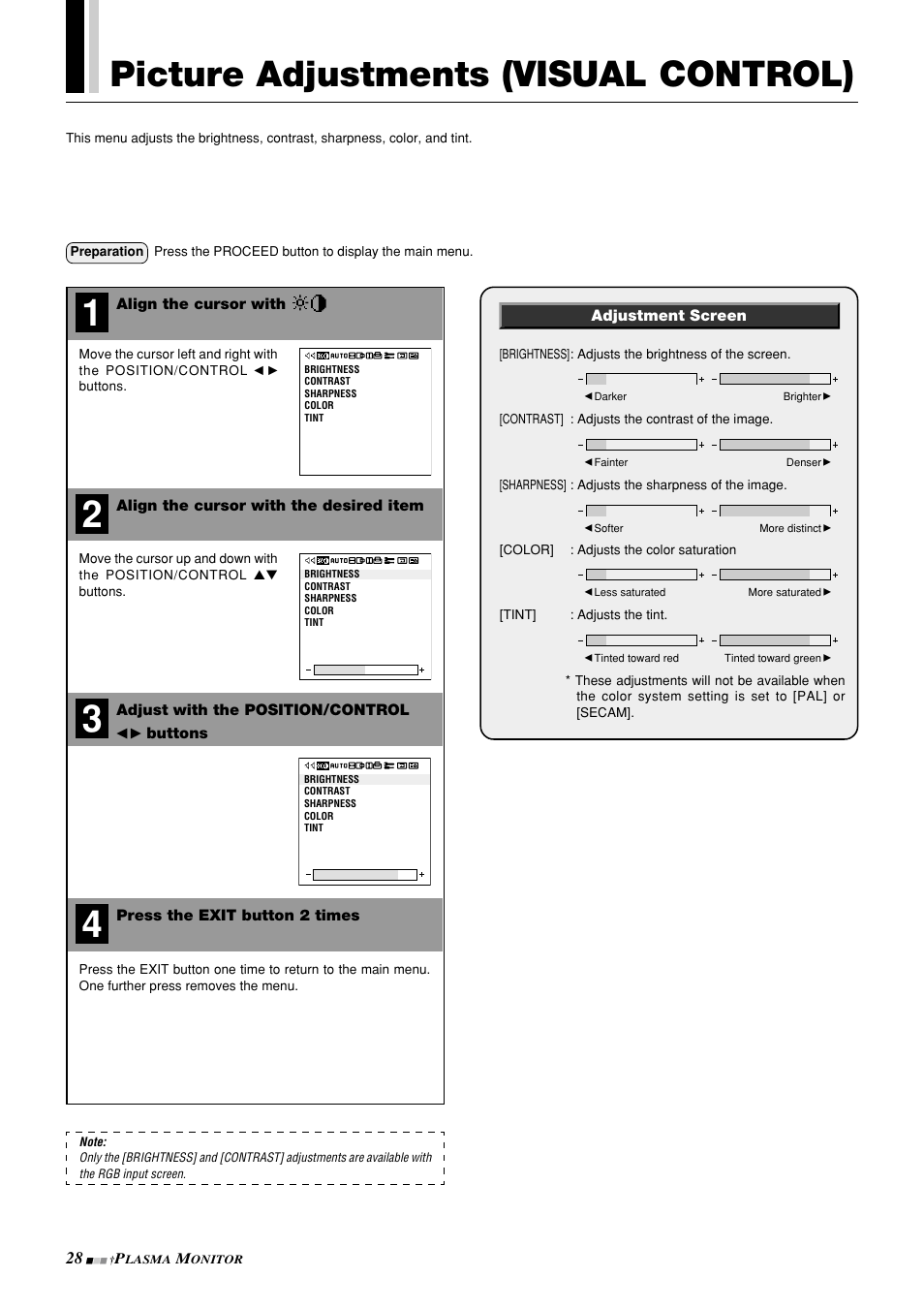 Picture adjustments (visual control) | NEC PlasmaSync 42PD3 User Manual | Page 28 / 70