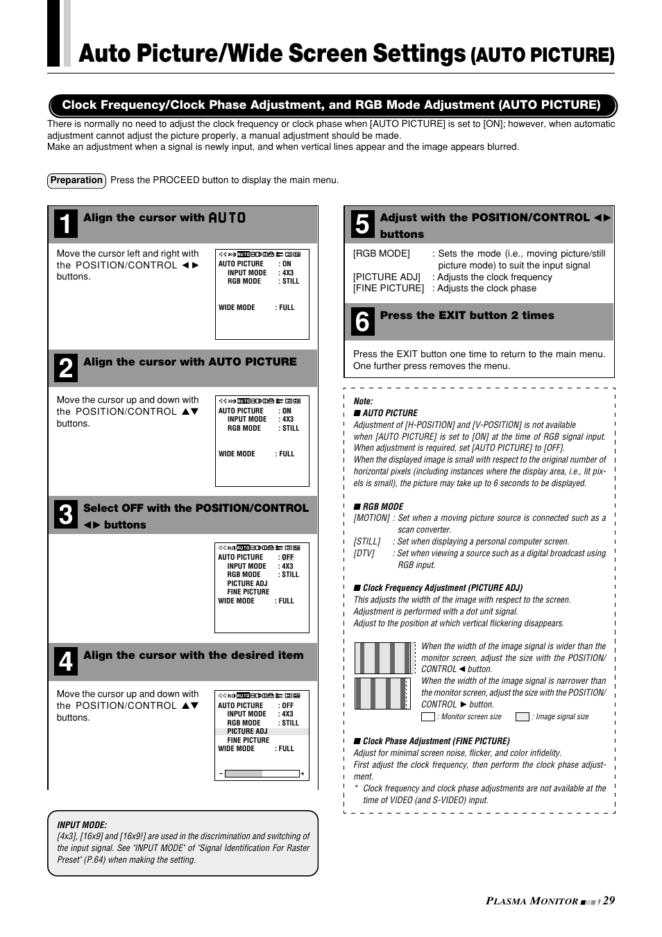 Auto picture/wide screen settings, Auto picture) | NEC PlasmaSync 42PD3 User Manual | Page 29 / 70