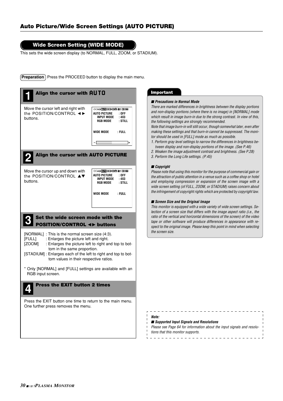 Auto picture/wide screen settings (auto picture) | NEC PlasmaSync 42PD3 User Manual | Page 30 / 70