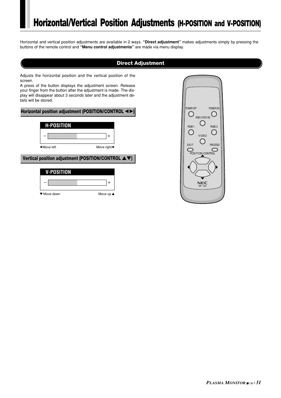 Horizontal/vertical position adjustments, H-position and v-position), Direct adjustment | H-position v-position | NEC PlasmaSync 42PD3 User Manual | Page 31 / 70