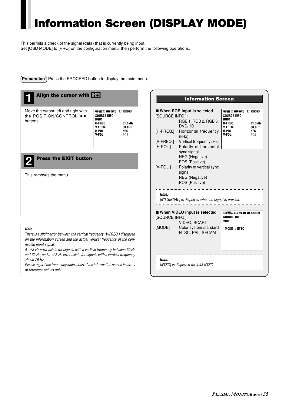 Information screen (display mode) | NEC PlasmaSync 42PD3 User Manual | Page 35 / 70