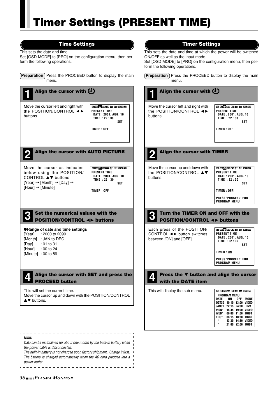 Timer settings (present time) | NEC PlasmaSync 42PD3 User Manual | Page 36 / 70