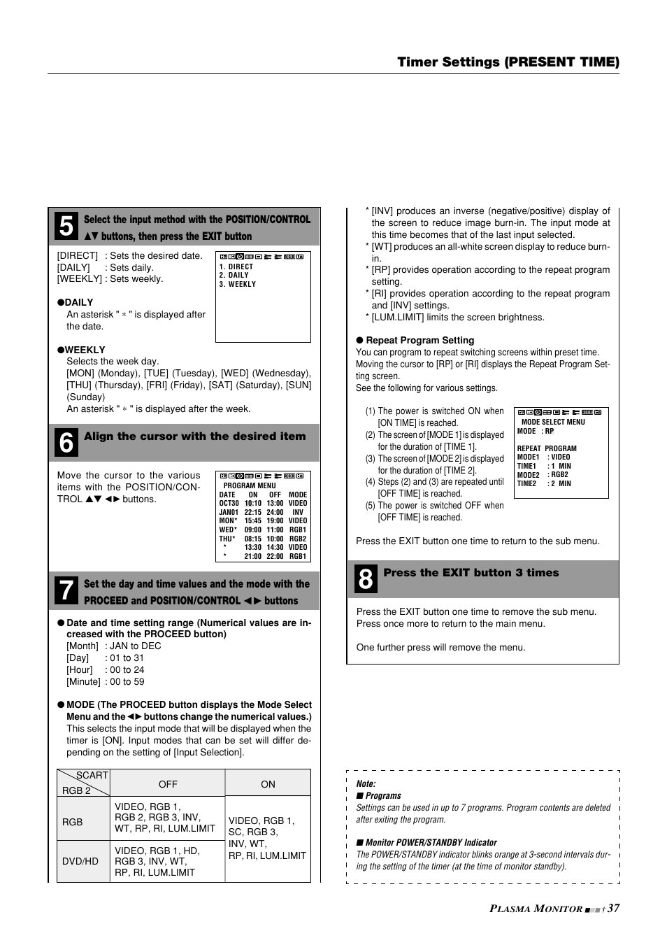 Timer settings (present time) | NEC PlasmaSync 42PD3 User Manual | Page 37 / 70