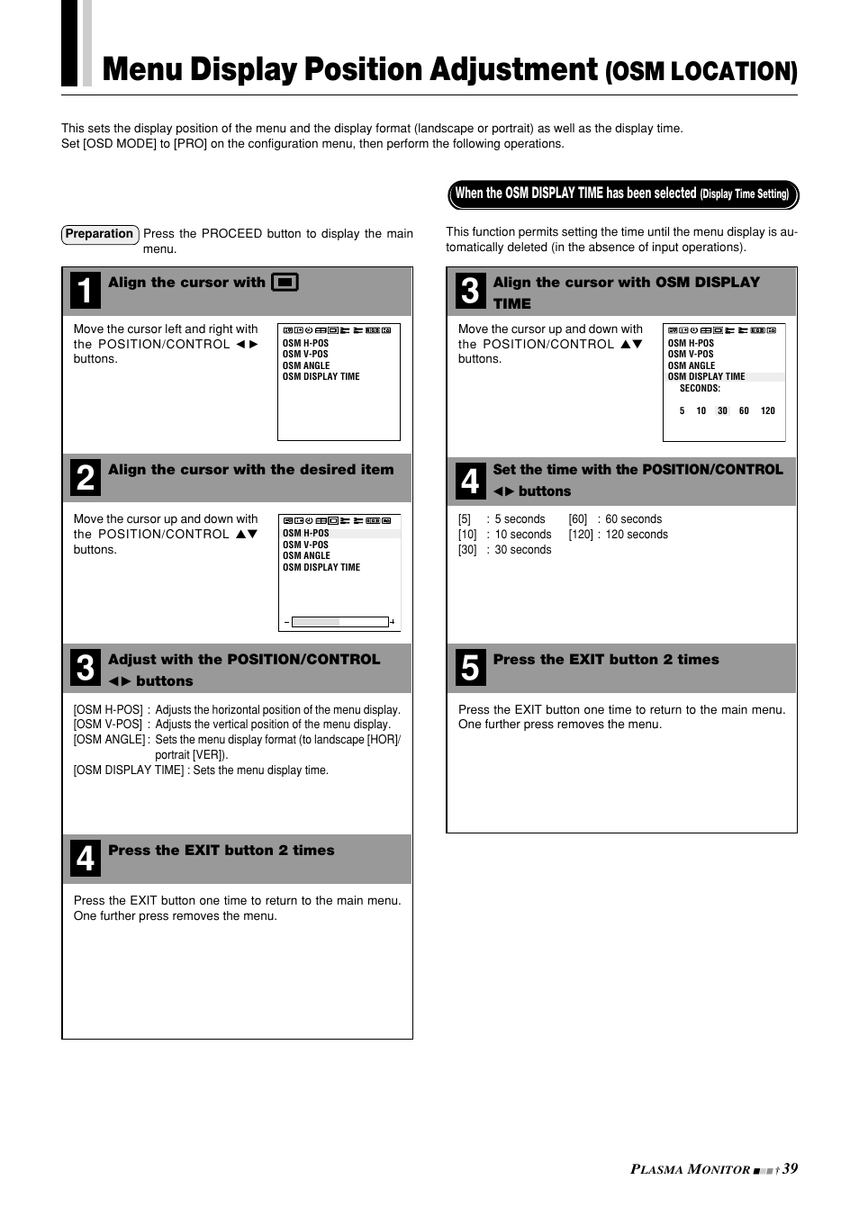 Menu display position adjustment, Osm location) | NEC PlasmaSync 42PD3 User Manual | Page 39 / 70