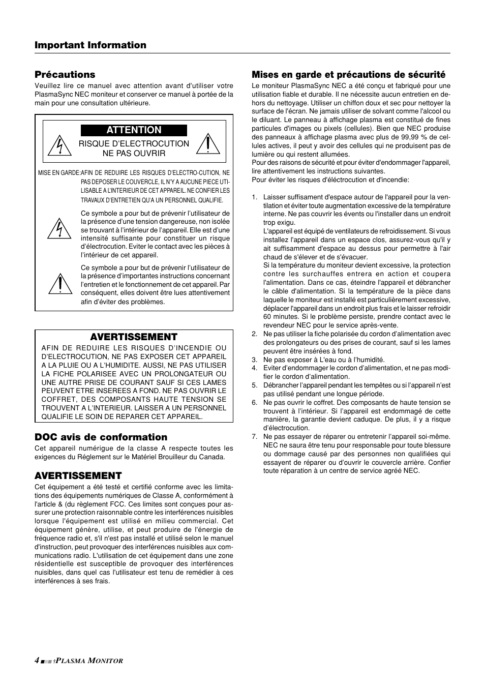 Mises en garde et précautions de sécurité, Avertissement, Doc avis de conformation | Précautions, Attention important information | NEC PlasmaSync 42PD3 User Manual | Page 4 / 70