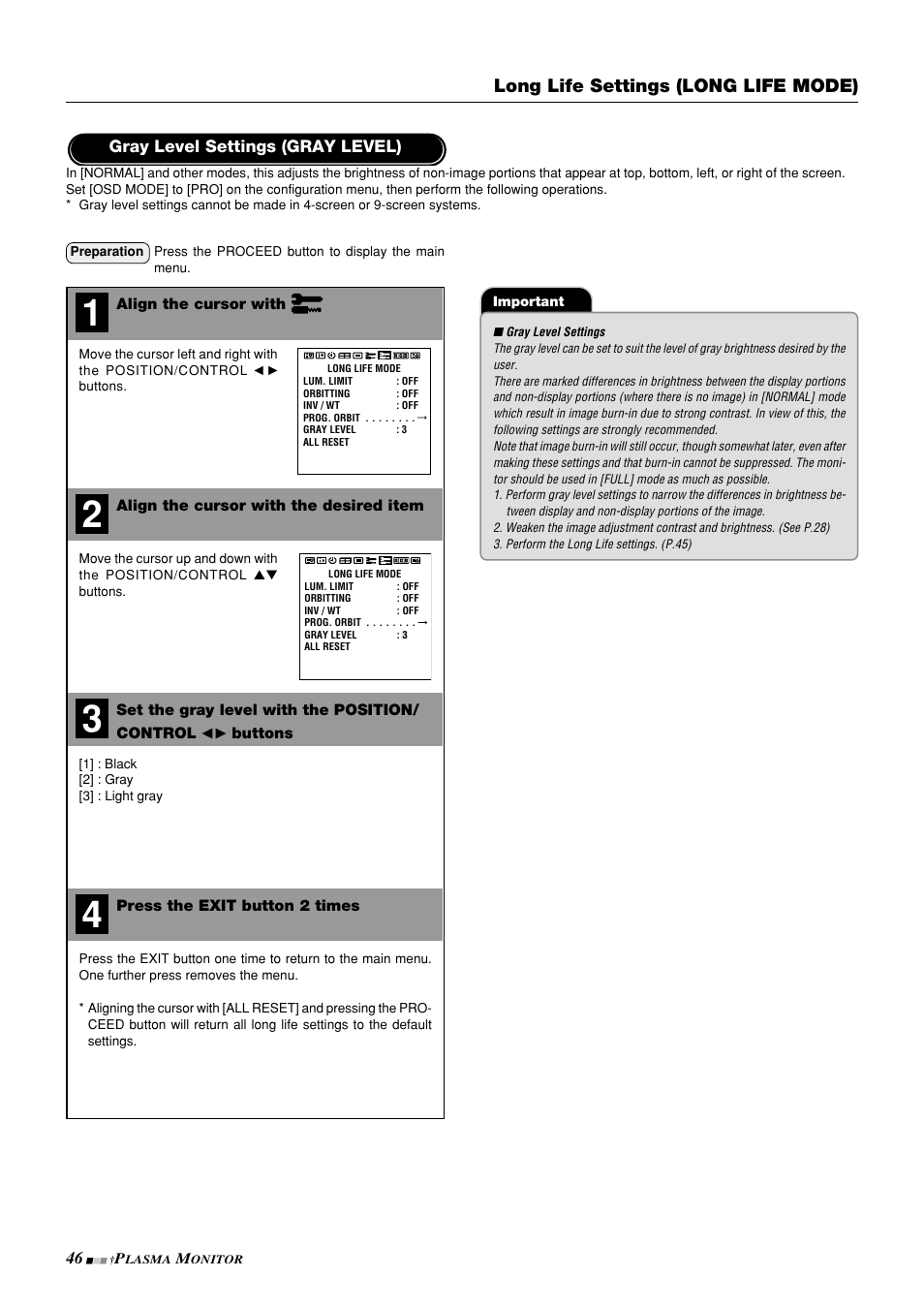 Long life settings (long life mode) | NEC PlasmaSync 42PD3 User Manual | Page 46 / 70