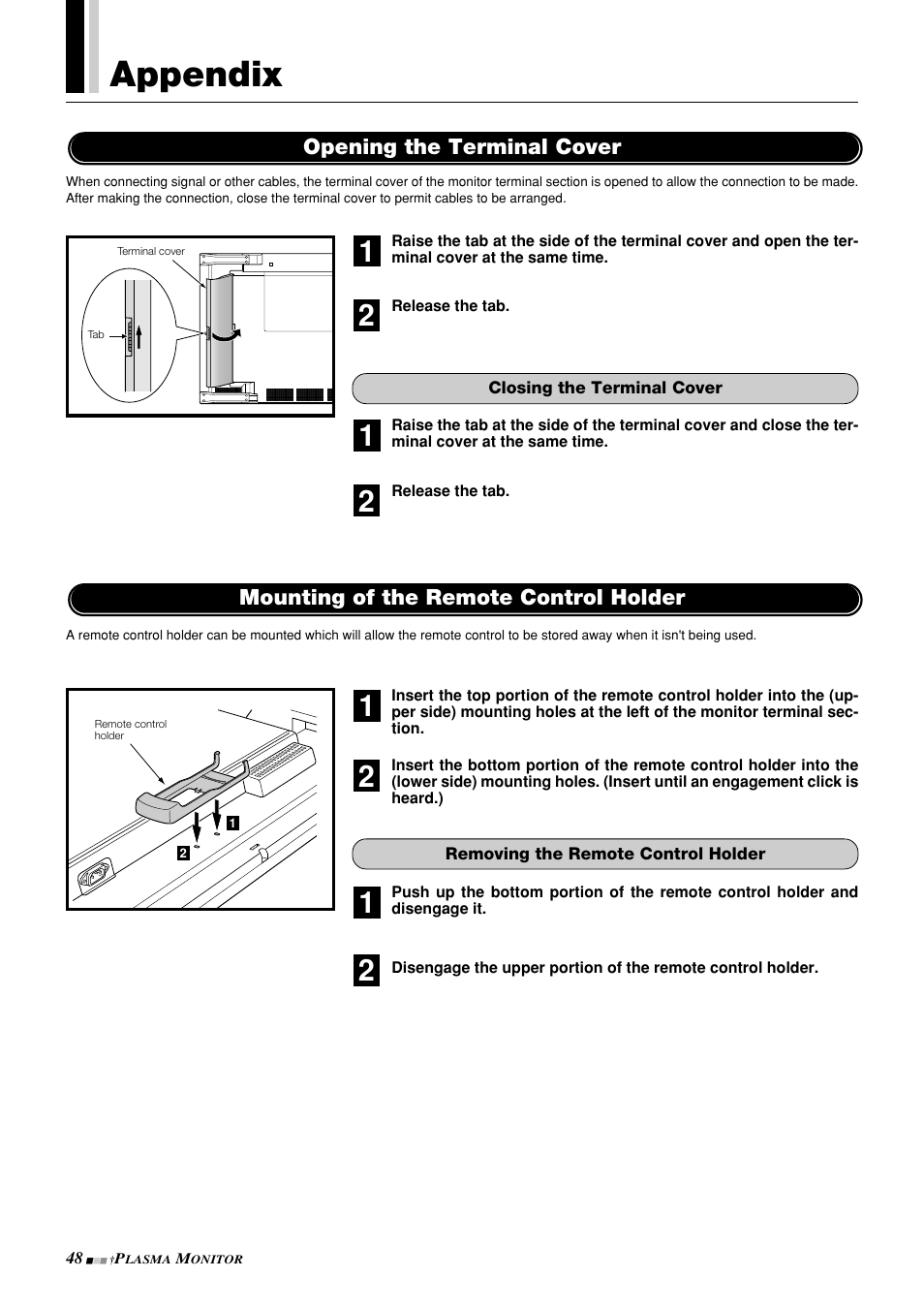 Appendix, Opening the terminal cover, Mounting of the remote control holder | NEC PlasmaSync 42PD3 User Manual | Page 48 / 70