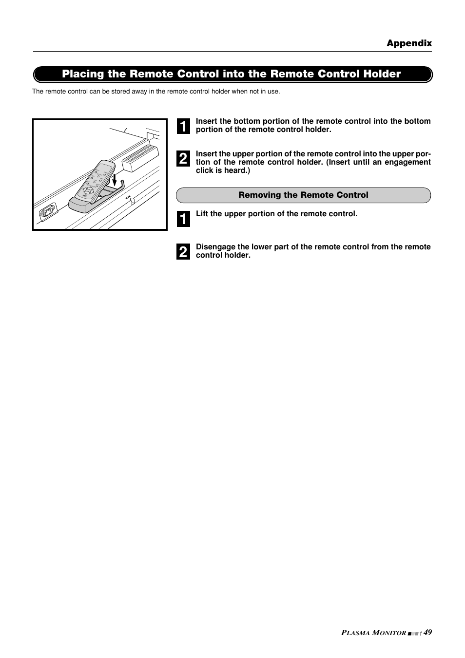 Appendix, Removing the remote control | NEC PlasmaSync 42PD3 User Manual | Page 49 / 70