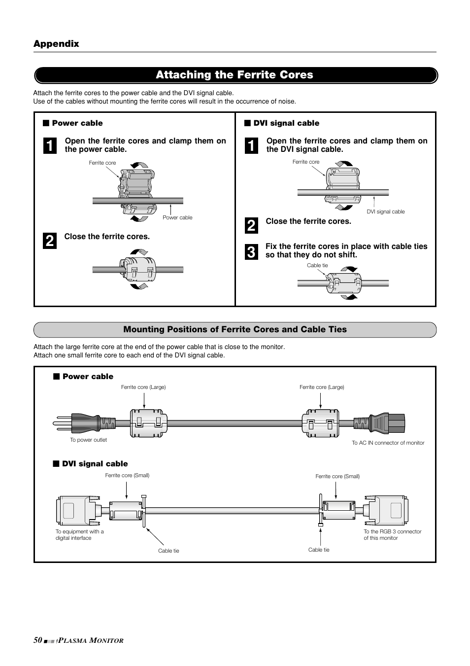 Attaching the ferrite cores, Appendix | NEC PlasmaSync 42PD3 User Manual | Page 50 / 70