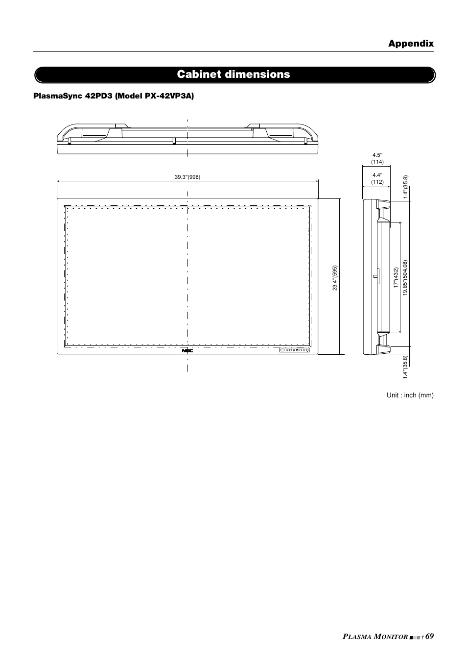 Cabinet dimensions, Appendix | NEC PlasmaSync 42PD3 User Manual | Page 69 / 70