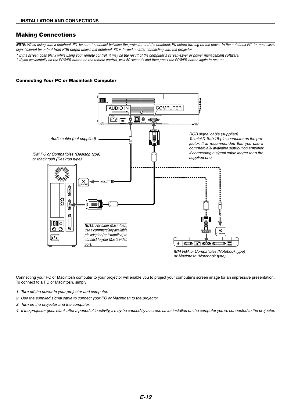E-12, Making connections | NEC LT170 User Manual | Page 12 / 45
